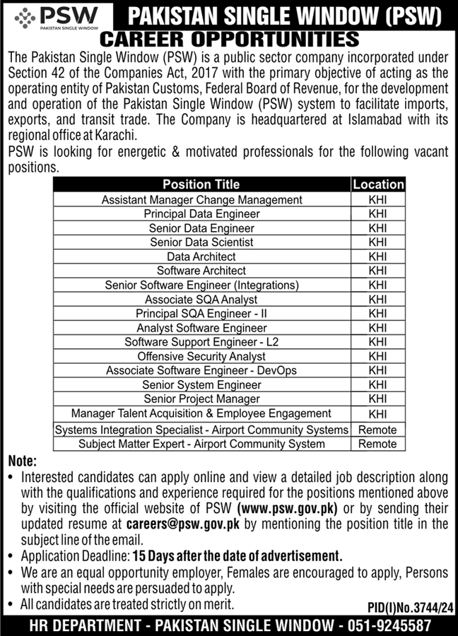 Pakistan Single Window PSW Management Posts Karachi 2024